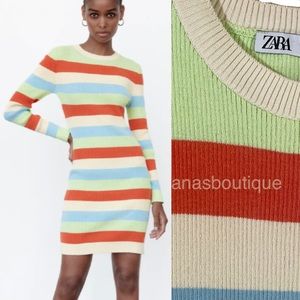Zara rib knit striped fitted multicolor dress women Size Medium long sleeves